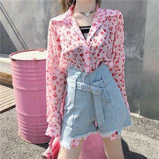Heart Print Long-sleeve Shirt / Denim Shorts
