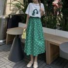 Elbow-sleeve Cartoon Print T-shirt / Heart Print Midi A-line Skirt