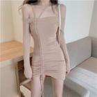 Halter-neck Drawstring Sheath Dress Khaki - One Size