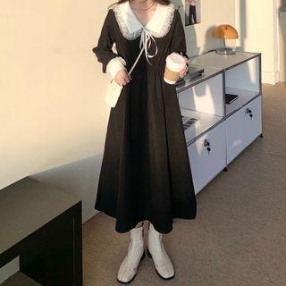 Long-sleeve Lace Trim Collar Midi A-line Dress