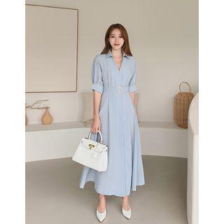 Hidden-button Belted Maxi Flare Shirtdress