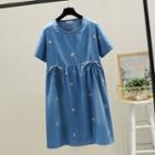 Short-sleeve Flower Embroidered Denim A-line Dress Blue - One Size