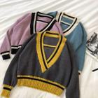Mock Two-piece Color-block V-neck Long-sleeve Sweater
