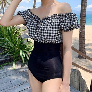 Ruffle Trim Print Panel Swimsuit