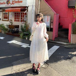 Puff-sleeve Fringed Midi A-line Dress White - One Size