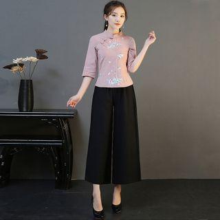 Elbow-sleeve Flower Embroidered Cheongsam / Cropped Wide-leg Pants / Set