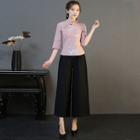 Elbow-sleeve Flower Embroidered Cheongsam / Cropped Wide-leg Pants / Set