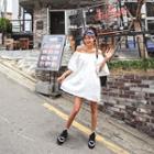 Off-shoulder Fringed Boxy Mini Dress