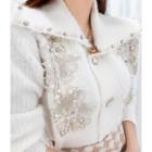Collared Beaded Crop Cardigan Ivory - One Size