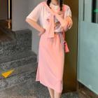 Set: Elbow-sleeve Printed T-shirt + Midi Skirt