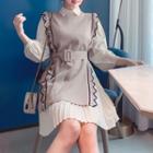 Set: Contrast Trim Vest + Long-sleeve A-line Dress