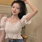 Puff-sleeve Square-neck Lace Halter Plain Ruched Cropped Top White - One Size