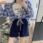 Lettering Camisole Top / Plaid Long-sleeve Shirt / Drawstring Sweat Shorts