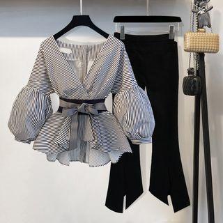 Set: V-neck Balloon Sleeve Blouse + Boot Cut Pants