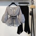 Set: V-neck Balloon Sleeve Blouse + Boot Cut Pants