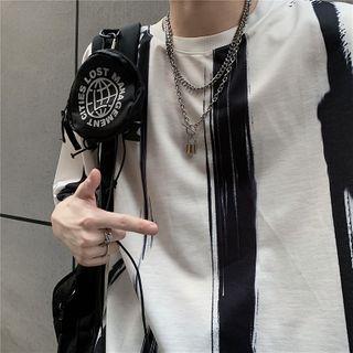 Elbow-sleeve Print Frayed T-shirt