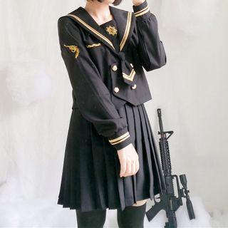 Long-sleeve / Short-sleeve Double Breasted Top / Pleated Mini Skirt