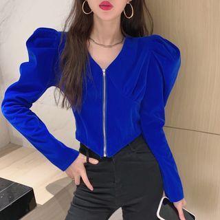 Puff-sleeve Zip-up Velvet Jacket