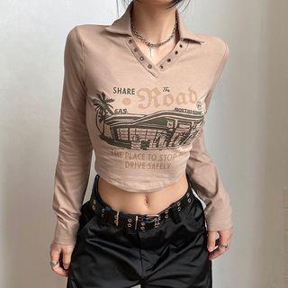 Long-sleeve V-neck Print Cropped Top