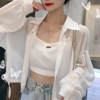Long-sleeve Collar Plain Drawstring Sheer Cropped Shirt