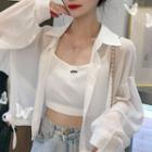 Long-sleeve Collar Plain Drawstring Sheer Cropped Shirt