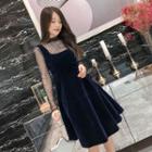 Set: Long-sleeve Mesh Top + Sleeveless A-line Velvet Dress