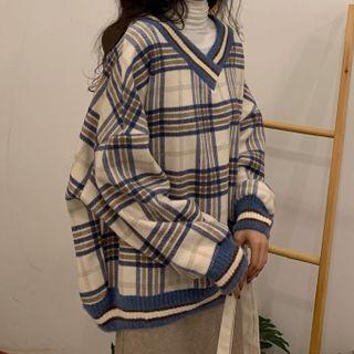 Long-sleeve Turtleneck T-shirt / Plaid Sweatshirt