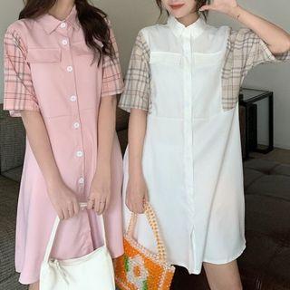 Plaid Panel Short-sleeve Shirt Dress