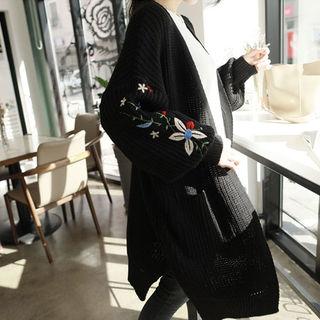 Floral-embroidered Rib-knit Long Cardigan