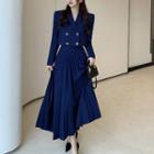 Double-breasted Crop Blazer / High-waist Pleated Midi Skirt