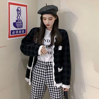 Lace Trim Cardigan / Plaid Straight-cut Pants