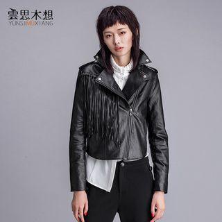 Embroidered Fringed Faux Leather Jacket