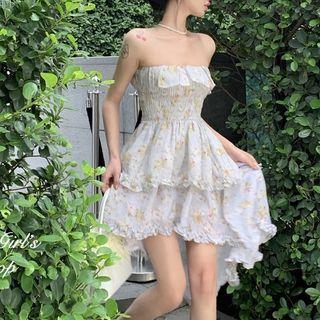 Strapless Floral Asymmetrical A-line Dress