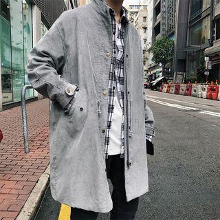 Drawstring Snap Button Corduroy Long Coat