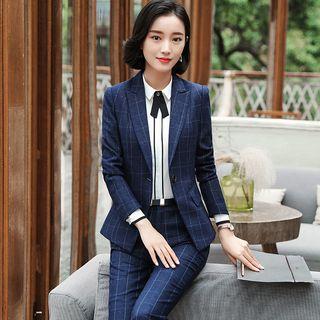 Contrast Trim Dress Shirt / Check Blazer / Dress Pants / Pencil Skirt / Set