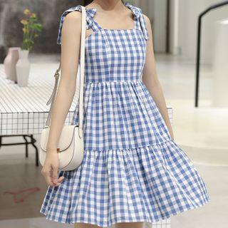 Spaghetti-strap Gingham Mini A-line Dress