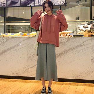 Drawstring Hoodie / Side Slit Midi Skirt