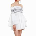 Ruffled Sleeve Off-shoulder Striped Frilled Trim Dress