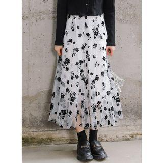 Floral Print Mesh Pleated Skirt Black & White - One Size