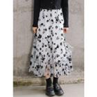Floral Print Mesh Pleated Skirt Black & White - One Size