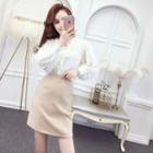 Long-sleeve Feathered Buttoned Top / A-line Mini Skirt