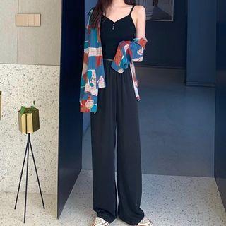 Cropped Camisole Top / Printed Long-sleeve Blouse / Plain Wide-leg Pants