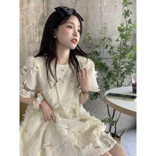 Short-sleeve Frayed A-line Dress Pale Yellow - One Size