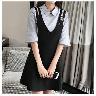 Set: Striped Bell-sleeve Shirt + V-neck Pinafore Dress