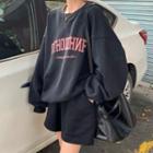 Round-neck Lettering Long-sleeve Sweatshirt / High-waist Wide-leg Shorts