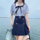Short-sleeve Collared Blouse / Pleated Skirt / Bow Tie / Set