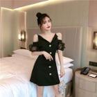 Cold-shoulder Rhinestone Buttoned A-line Dress