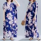 Floral Short-sleeve V-neck Maxi Shift Dress As Shown In Figure - One Size