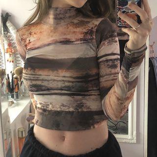 Mock-neck Long Sleeve Printed Mesh Crop Top