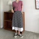 Short-sleeve Plain Knit Top / Floral Skirt